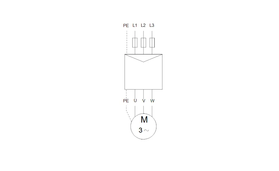 Schematische Darstellung einer elektrischen Verbindung für eine Grundfos-Pumpe, einschließlich PE, L1, L2, L3 und den Anschlussklemmen U, V, W.